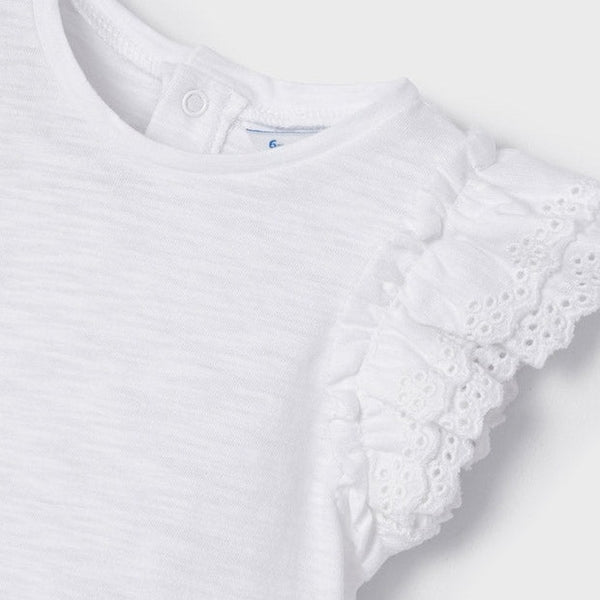 Camiseta blanca ECOFRIENDS manga volante bebé niña. Mayoral – tutubarcelona